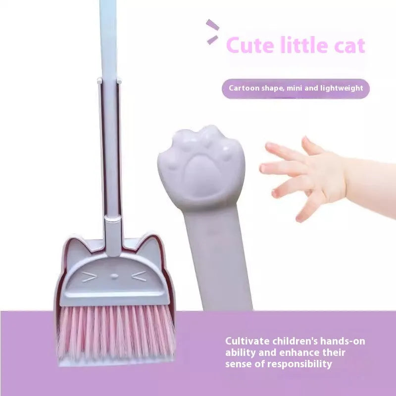 Broom and dustpan cleaning set with rotating brush holder in purple, green, or beige