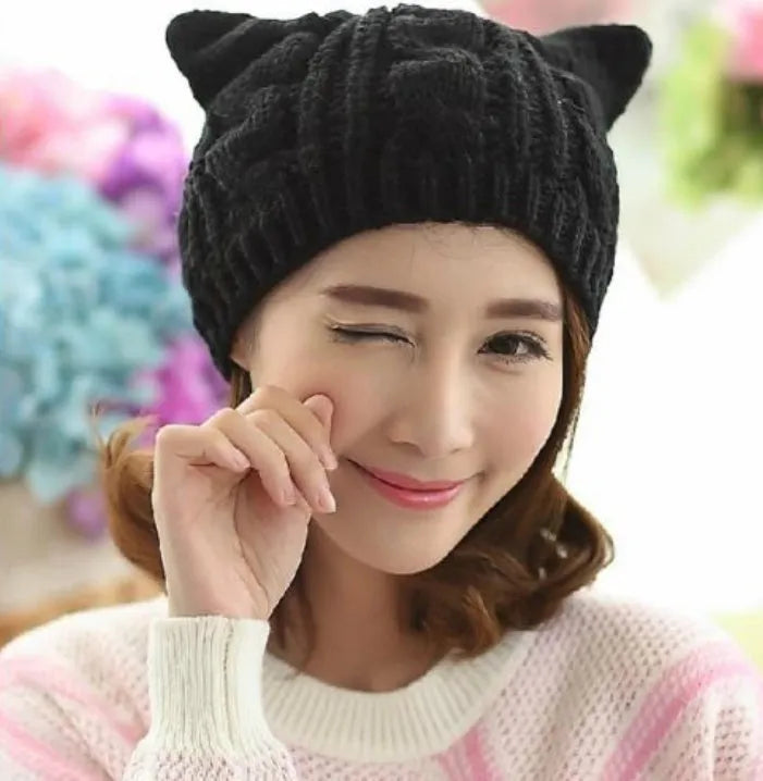 Hand made 3D cat ear knitted winter beanie in wool material showing multiple colour options