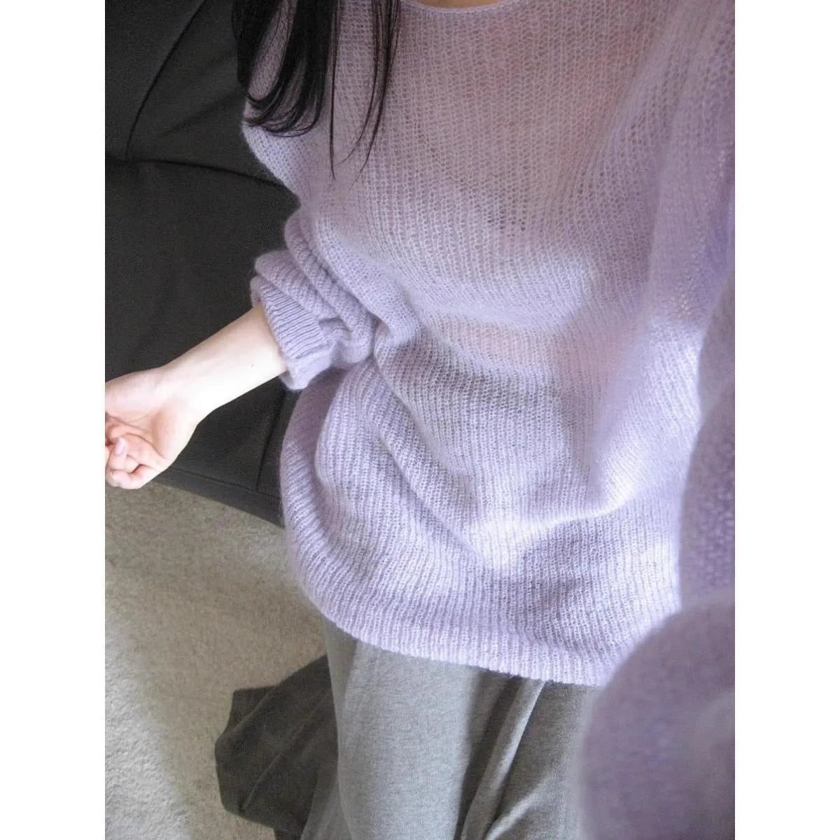Purple women's blouse with hollow out detailing and princess sleeves in ice silk fabric