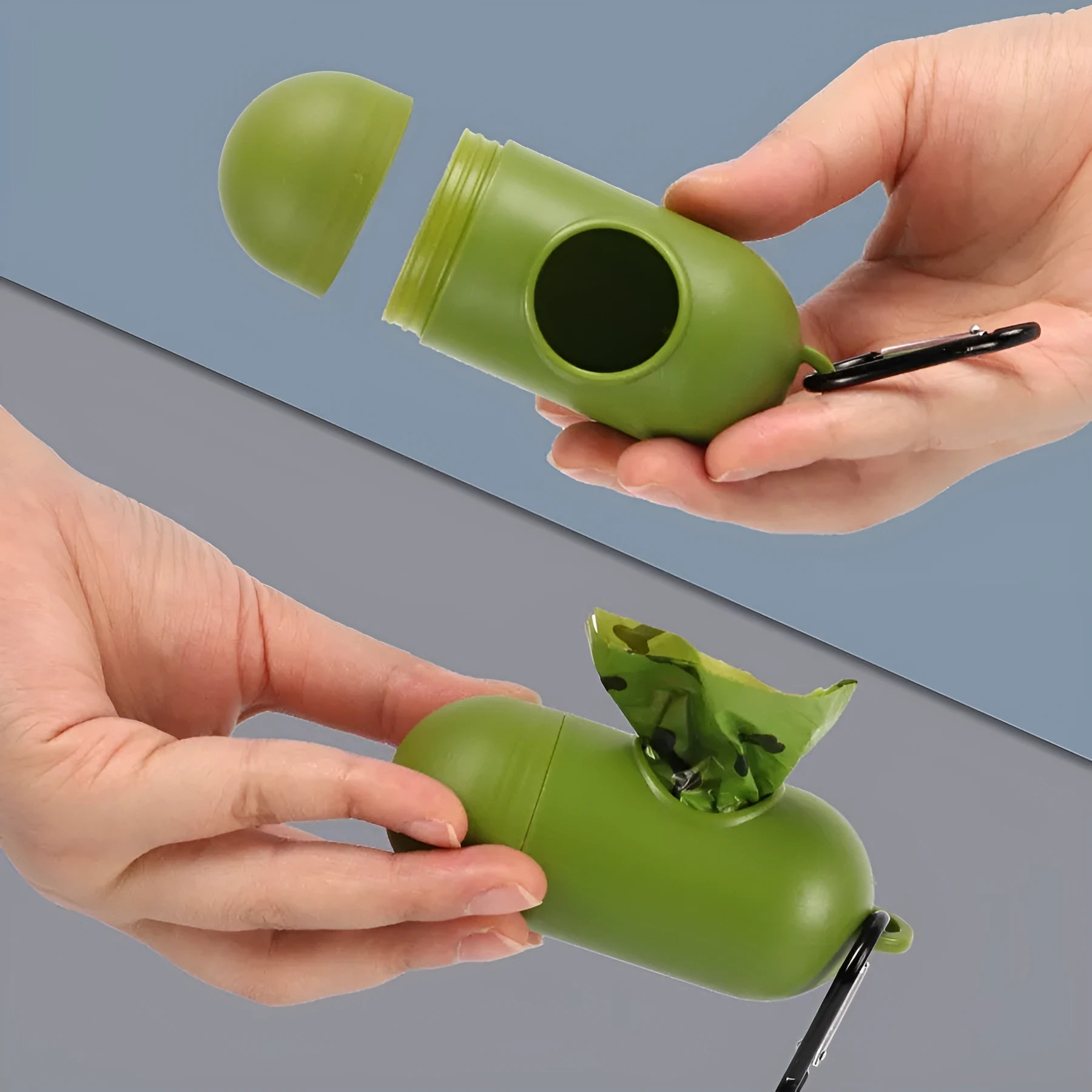 Roll of army green degradable dog poop bags with black bone print, showing bag size of 23x33cm.