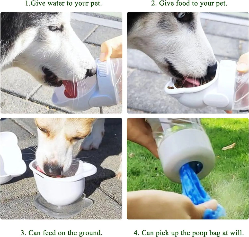 Green pink white portable pet water bottle with food container and waste bag dispenser