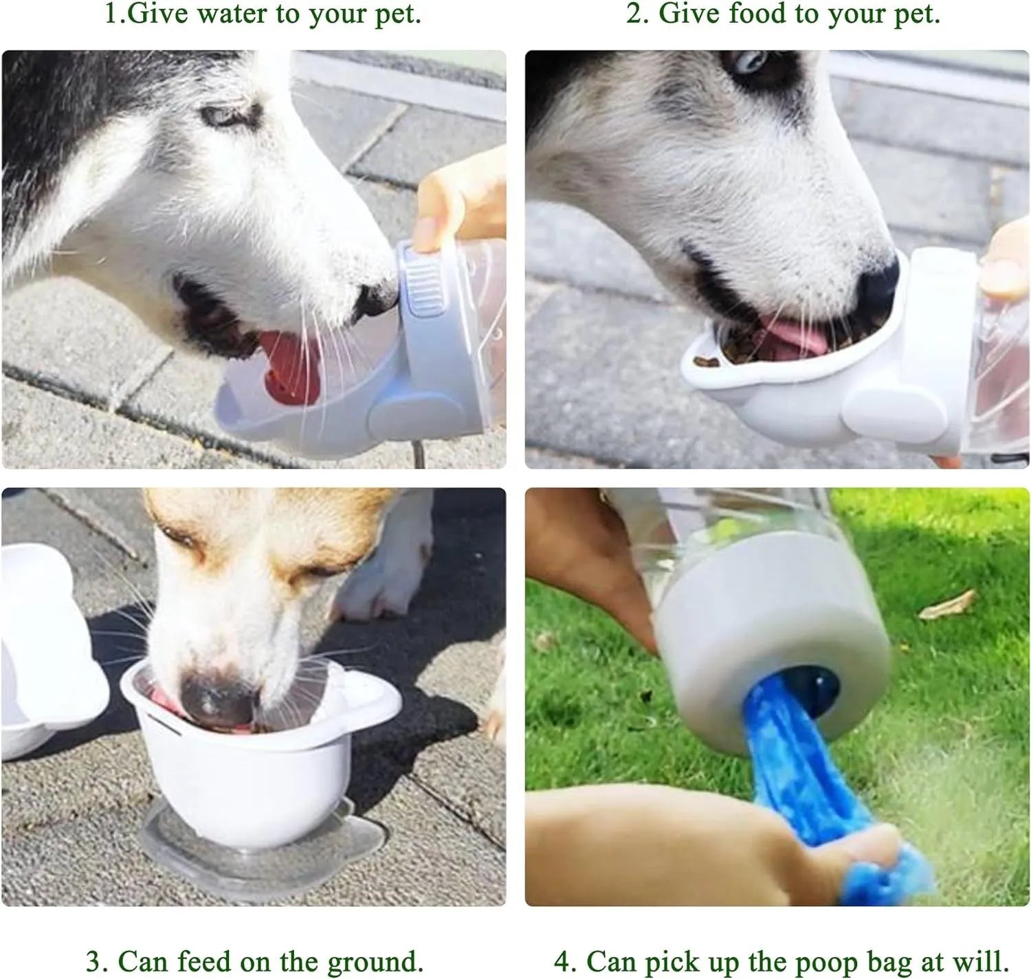 Green pink white portable pet water bottle with food container and waste bag dispenser