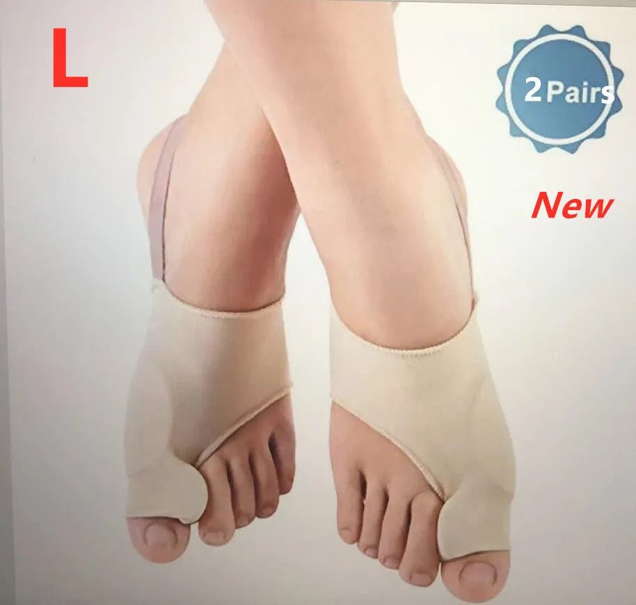 A pair of stretch fabric bunion socks with a soft gel pad and silicone toe separator in sizes small, medium, and large.