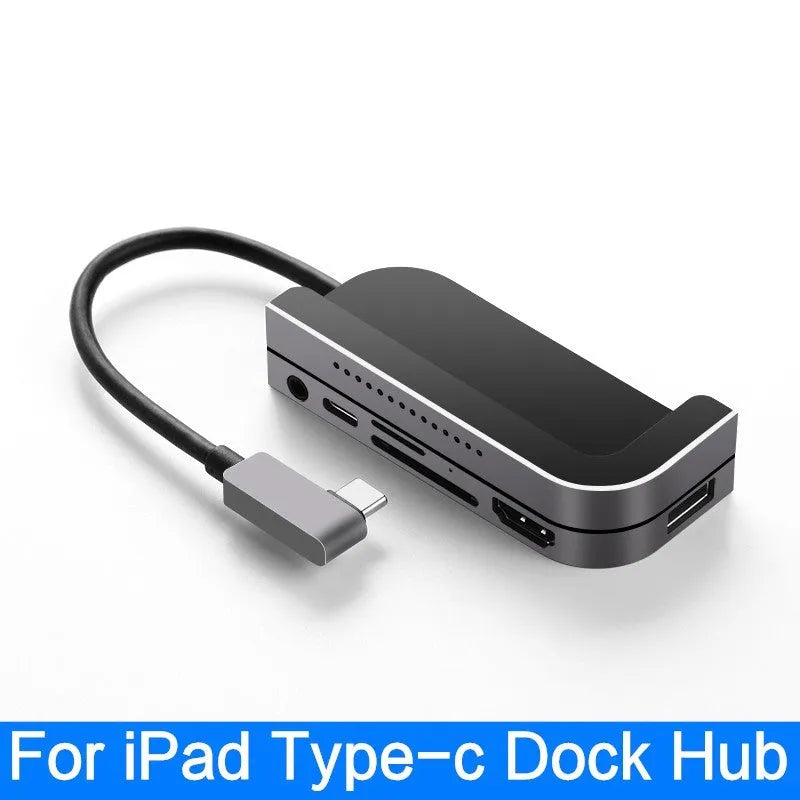 Silver aluminium grey 6-in-1 docking station for iPad Pro with USB-C connector and multiple ports