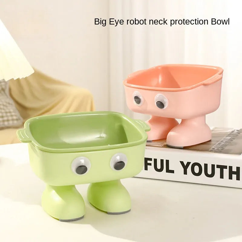 Elevated robot-shaped cat bowl with tilted design and detachable inner bowl in green colour