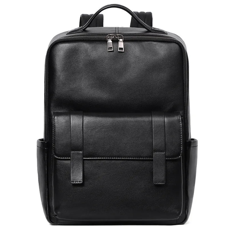 Men's black genuine leather computer backpack with 36-55L capacity and physiological curve back plate