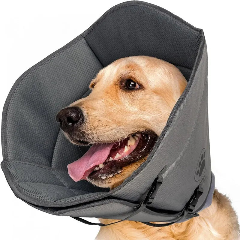 Soft white adjustable polyester collar for pet wound protection, shown next to a size label.
