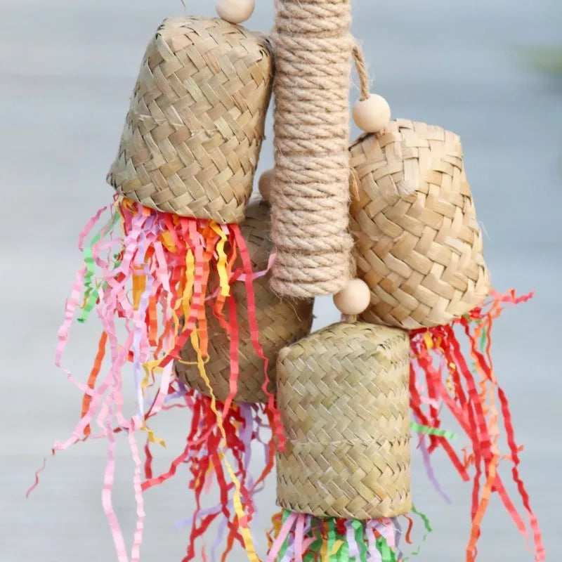 Wooden frame parrot toy with sisal rope and colourful shredded paper strips measuring 15cm by 35cm
