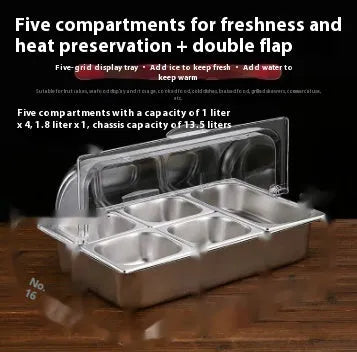 Stainless steel commercial dining plate display box with a removable lid and multiple inner compartments.