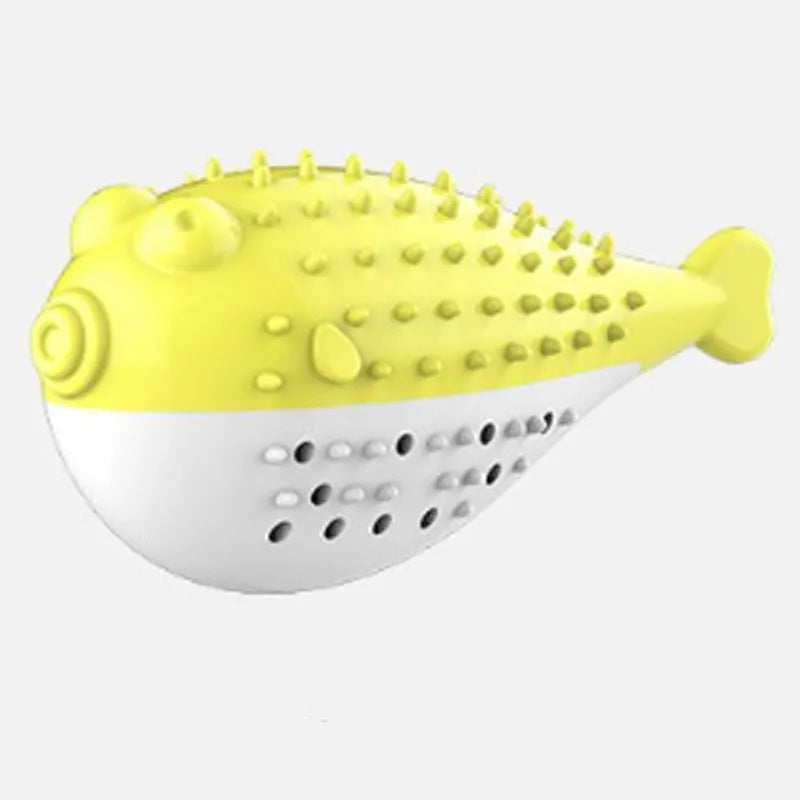 Blue silicone fish-shaped cat chew toy with measurements 12.2 x 4.9 x 5.8 cm