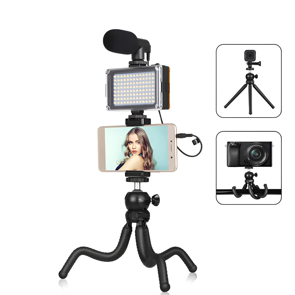 Black octopus tripod kit with flexible legs, integrated fill light, and microphone for iPhone live streaming.