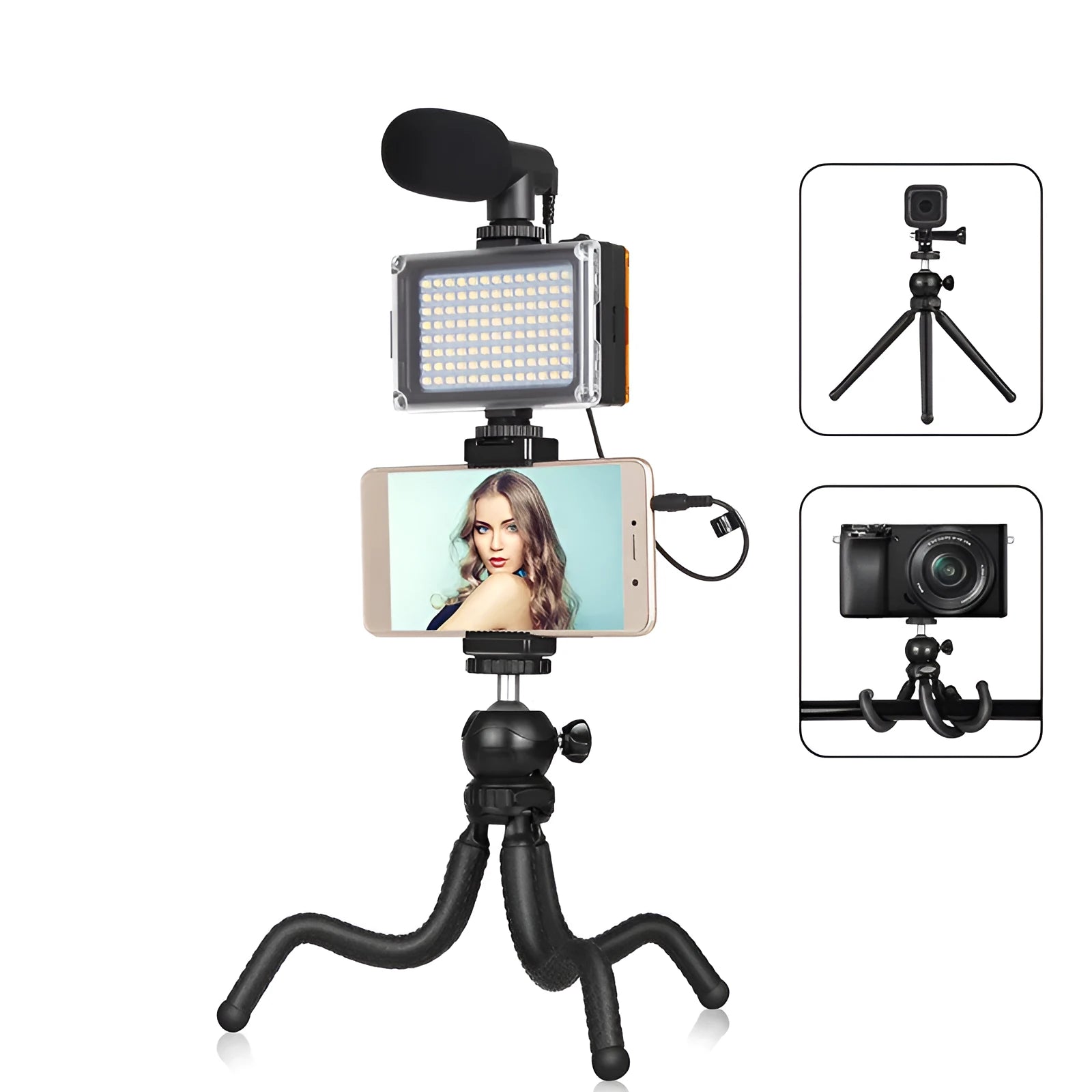 Black octopus tripod kit with flexible legs, integrated fill light, and microphone for iPhone live streaming.
