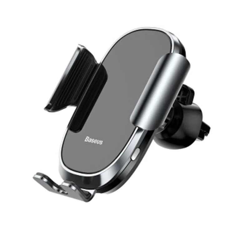 Smart car bracket mount holding a mobile phone, showing 360-degree rotation and adjustable clamp.