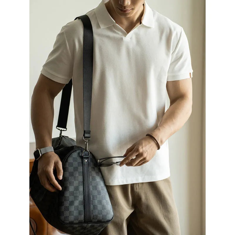 American-style cotton-polyester breathable short-sleeved polo shirt in blue colour showing regular fit and casual styling
