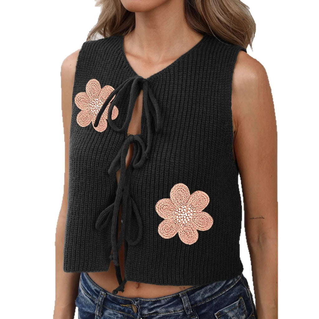 Women's cropped sleeveless vest coat with lace-up bow front in deer plush fabric