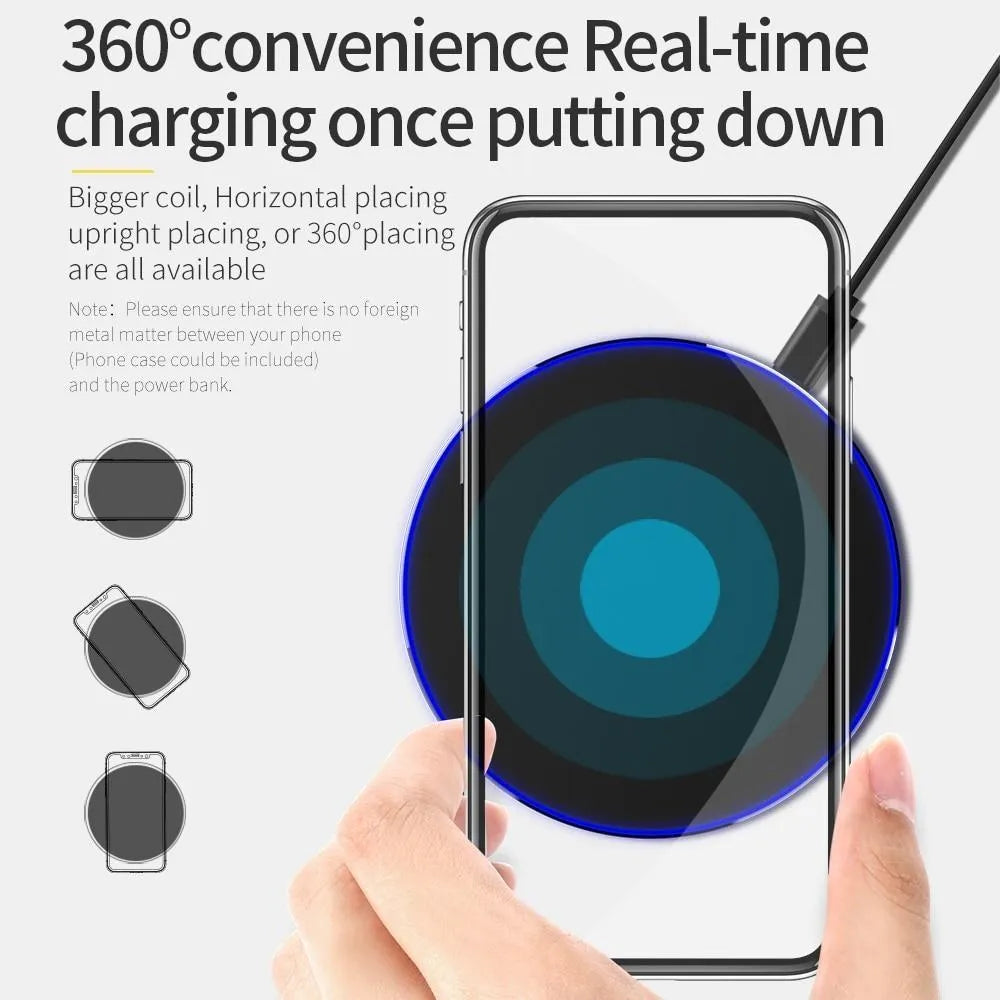 Black ultra-thin square wireless fast charging pad with USB cable on a desk