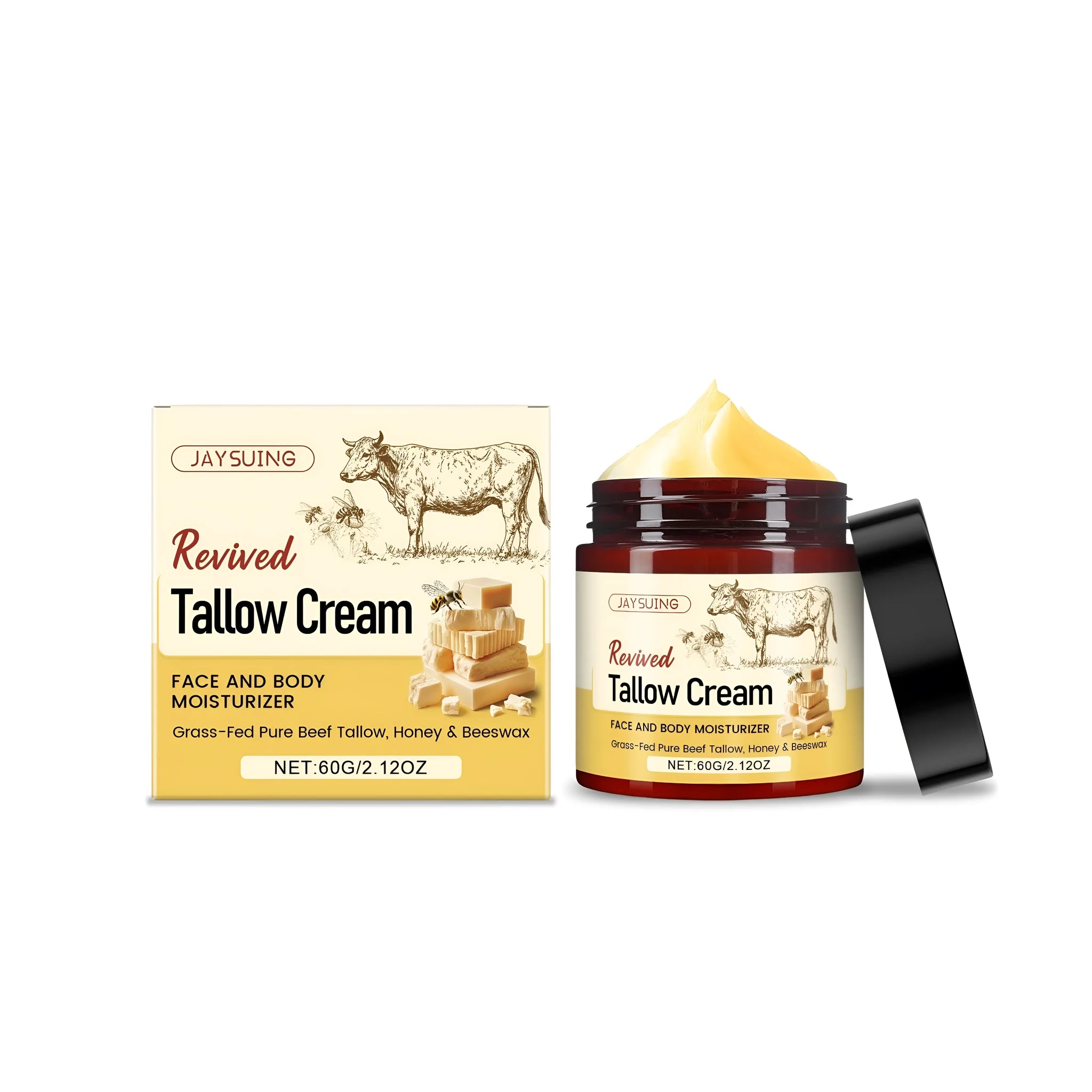 60g glass jar of tallow moisturising cream with beeswax and olive oil.