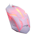 Wired USB computer mouse with LED glowing effects in black or white colour options on desktop