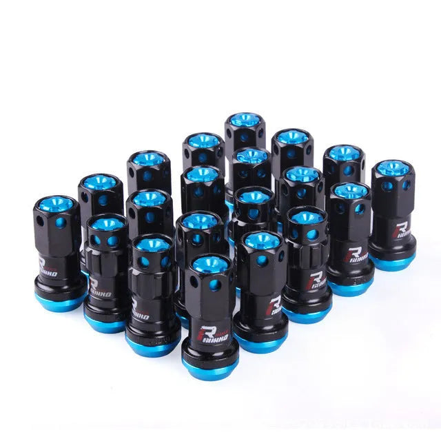 Set of forged aluminium alloy wheel hub nuts in various colours showing M12 thread.