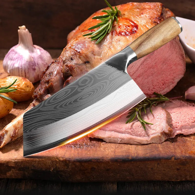 Stainless steel kitchen knife with a long 320mm blade on a cutting board