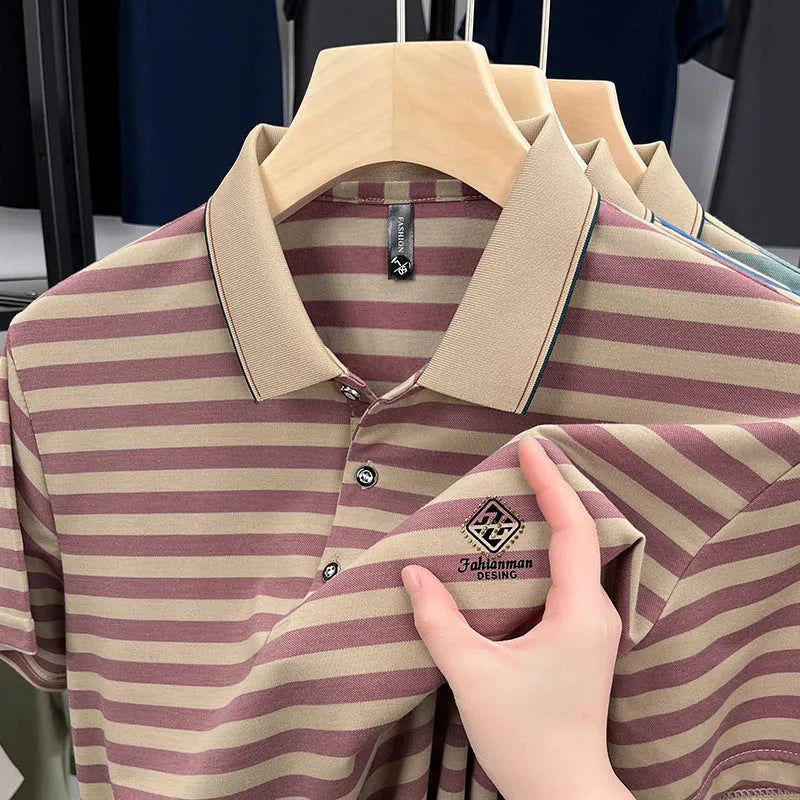 Striped casual men's shirt with mosaic pattern in polyester, available in red, blue, and green colours