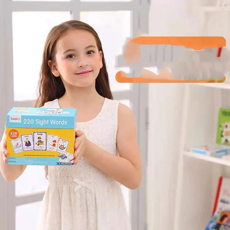 Early learning gift box containing 220 high-frequency word game cards and five phonics workbooks for children aged 3 and up.