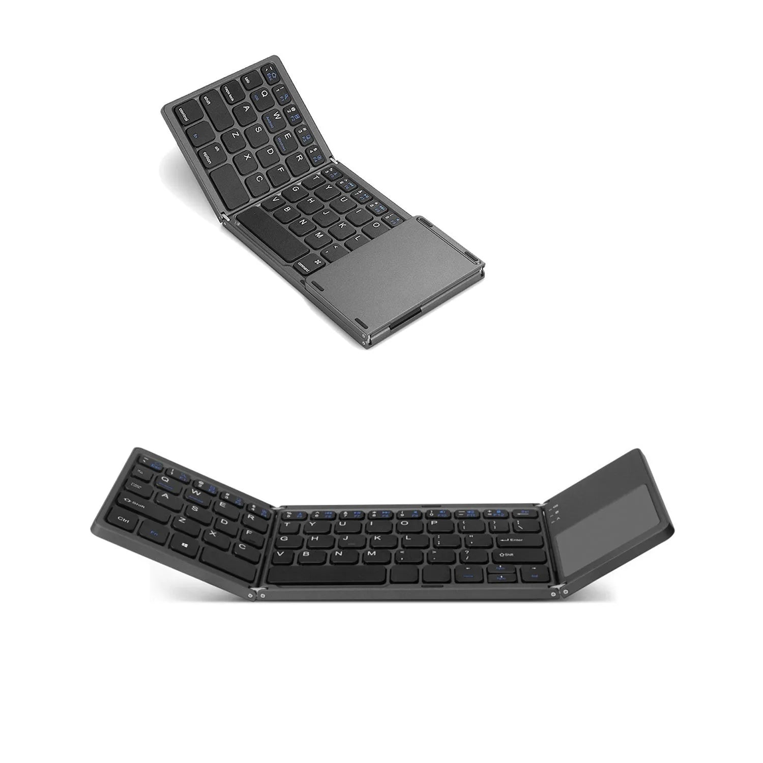 Mini tri-fold Bluetooth keyboard shown open and folded, with black and silver colour options