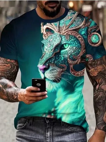 Men's black t-shirt with a fierce 3D lion graphic print on the front.