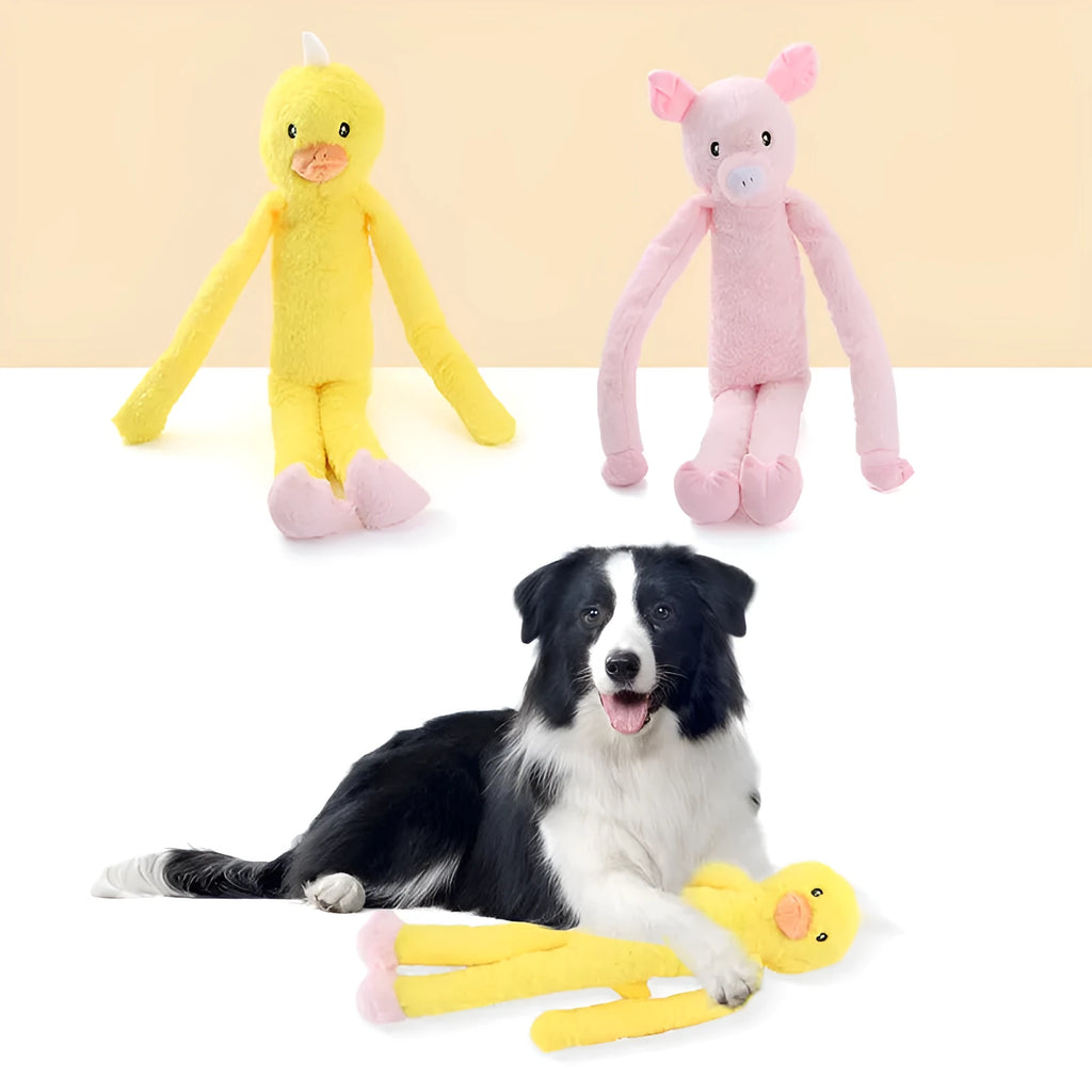 Large pink and yellow plush dog toy with rattle and paper sound elements for golden retrievers