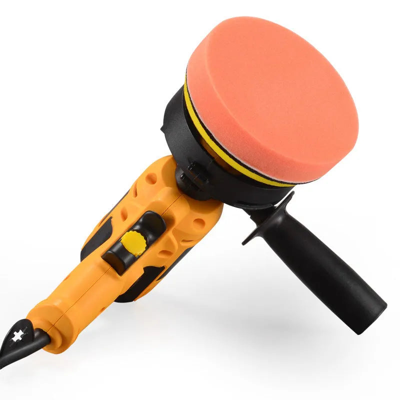 Yellow automobile polishing machine with 125mm disc for automotive metal, wood, tile and leather surfaces