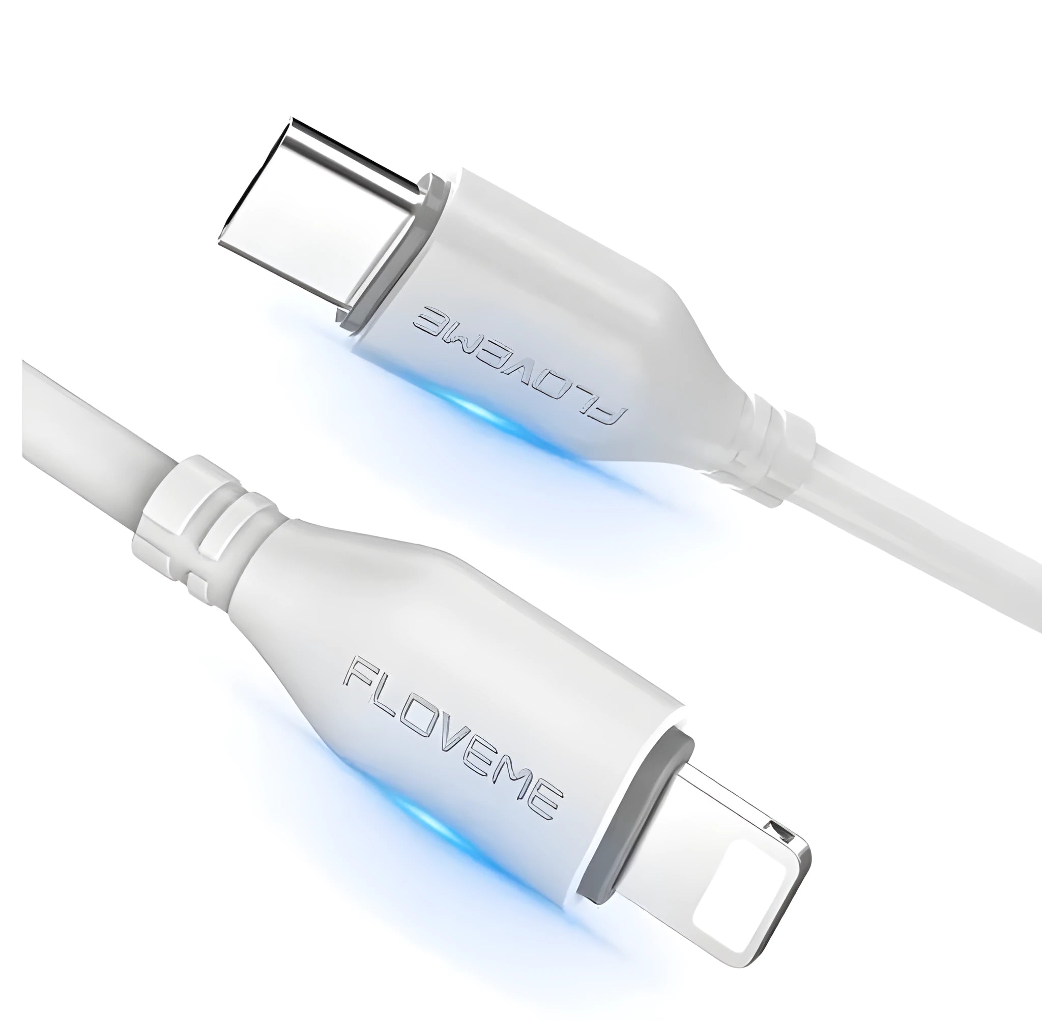 White USB-C to Lightning charging cable for iPhone showing reinforced connector ends and 1.2 metre length
