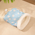 Flannel cat sleeping bag nest bed in blue rabbit print, size 50 cm by 40 cm.