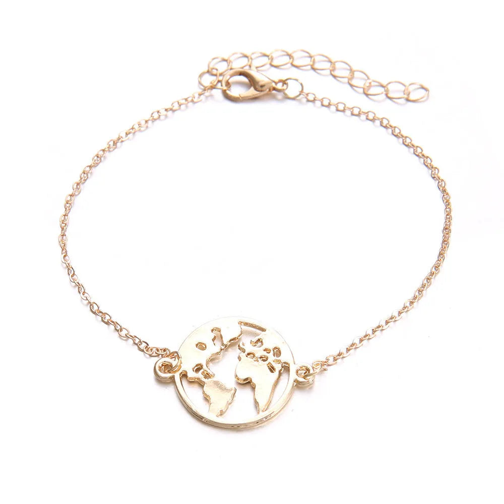 Three Bohemian-style bracelets with aircraft map charms and heart shapes in electroplated alloy