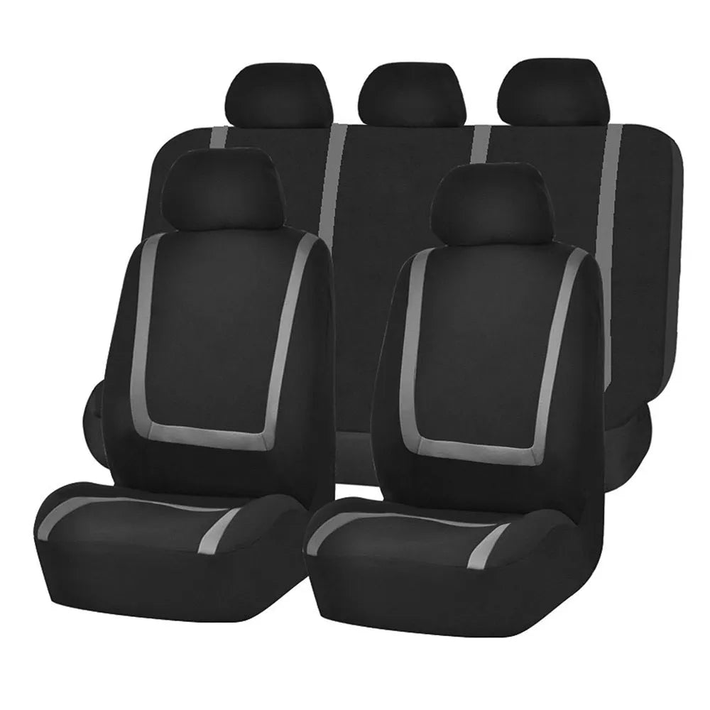 Universal car seat cover set showing fabric construction with headrest and seat protection