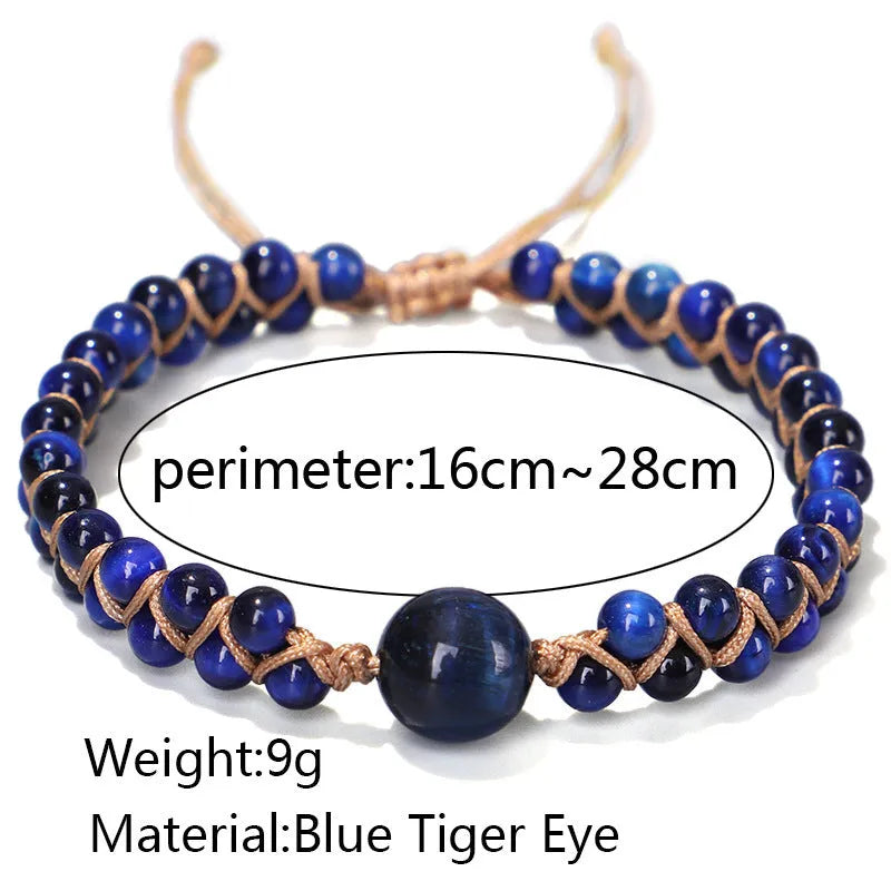 Handmade woven bracelet with geometric pattern in blue tigereye or amethyst stone beads