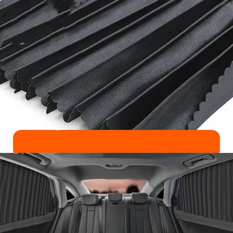 Retractable car sunshade curtain in black colour showing roller shutter mechanism