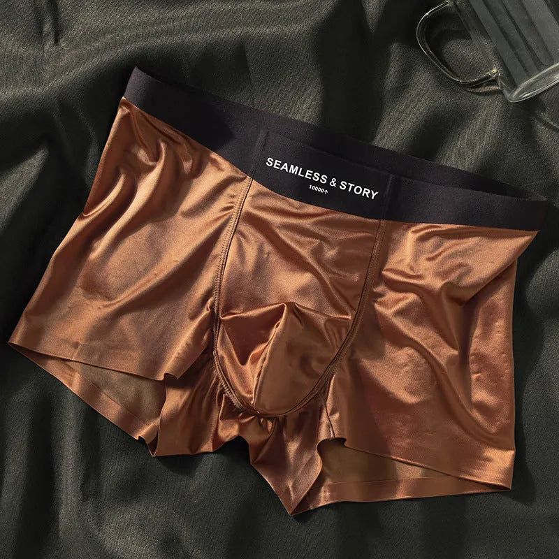 Men's ice silk satin boxer shorts on a white background, showing mid-waist design.
