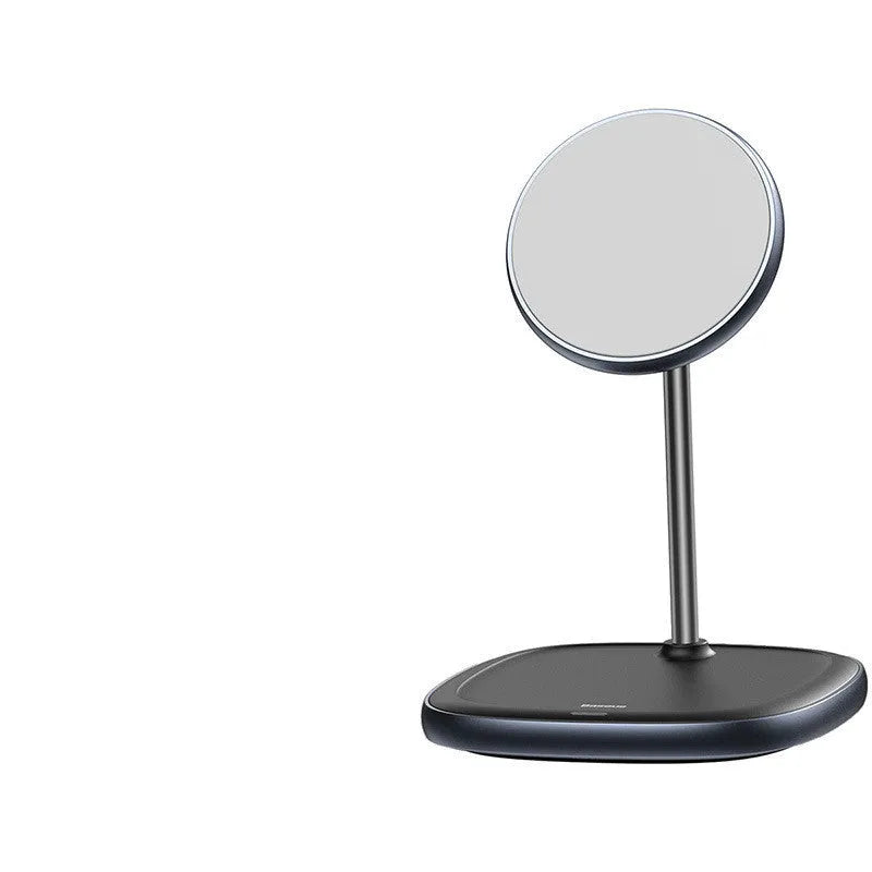 Black Swan magnetic wireless charging stand for Apple iPhone 12 series on a desk.