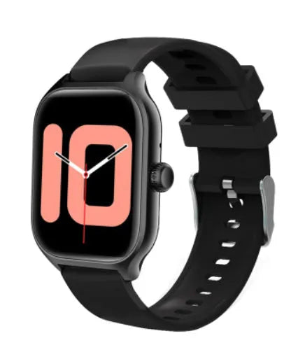 Bluetooth smart watch with black silicone strap displaying heart rate on its touch screen.
