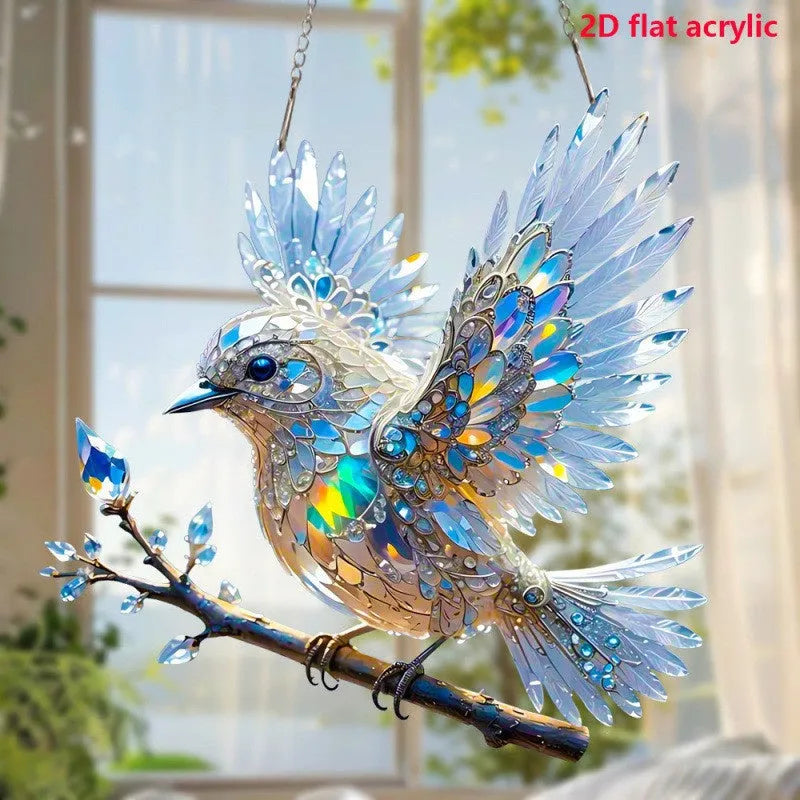 Acrylic bird pendant decoration with cartoon design in 15cm and 20cm sizes on cardboard backing