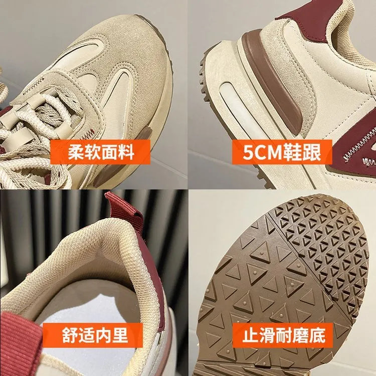 Retro platform sports shoes in black or khaki red with round toe and lace-up front