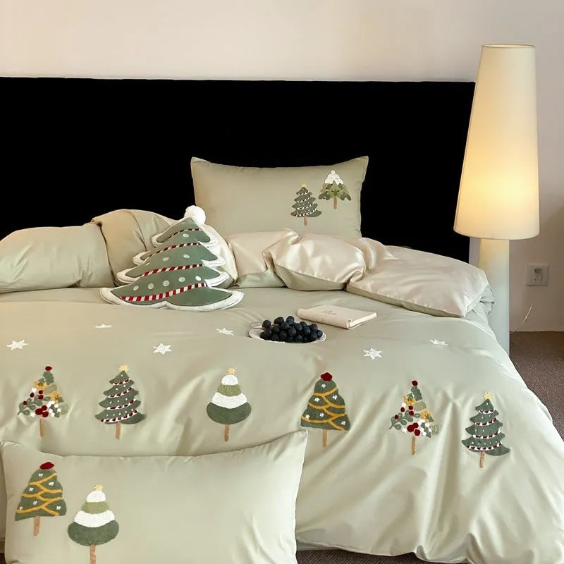 Pure cotton four-piece bedding set with Christmas tree embroidery in cream blue and green colours