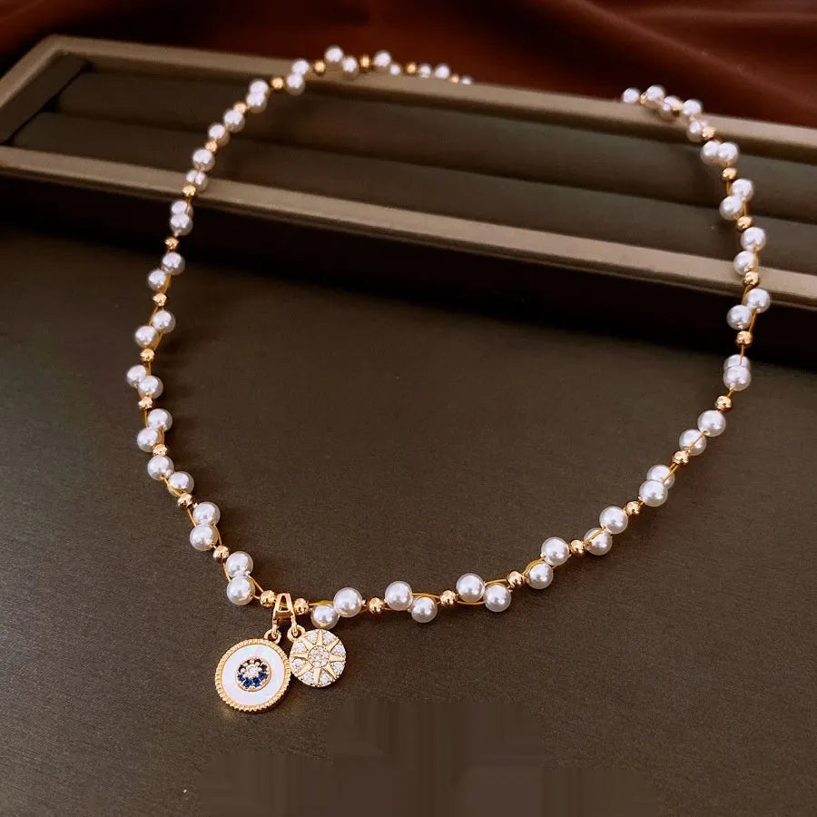 Real gold electroplated clavicle chain necklace with round zircon pearl pendant
