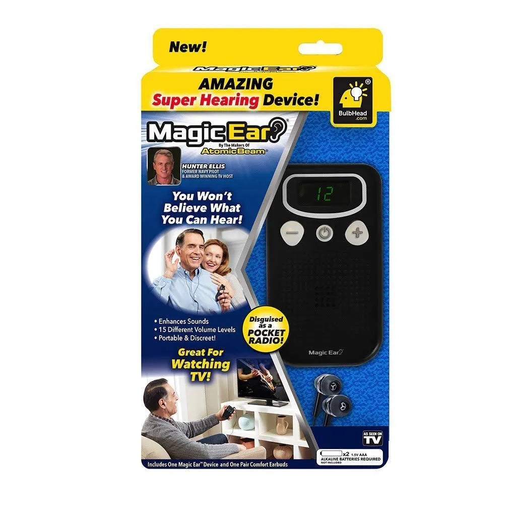 Magic Ear Personal Voice Enhancer, a brilliant coloured digital hearing aid booster with a design like a handheld FM radio.