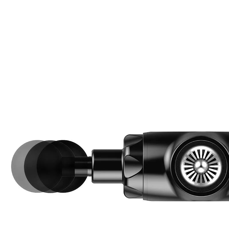 Black and white deep tissue massage gun with adjustable speed settings on a 1800-3200rpm scale.