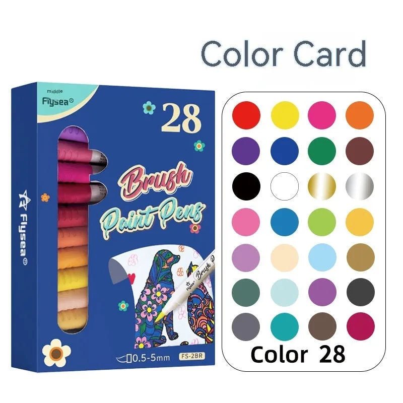 Set of soft tip gouache pens for acrylic painting on paper surfaces