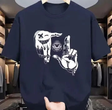 Men's grey mesh T-shirt with cartoon digital print showing round neck and short sleeve design