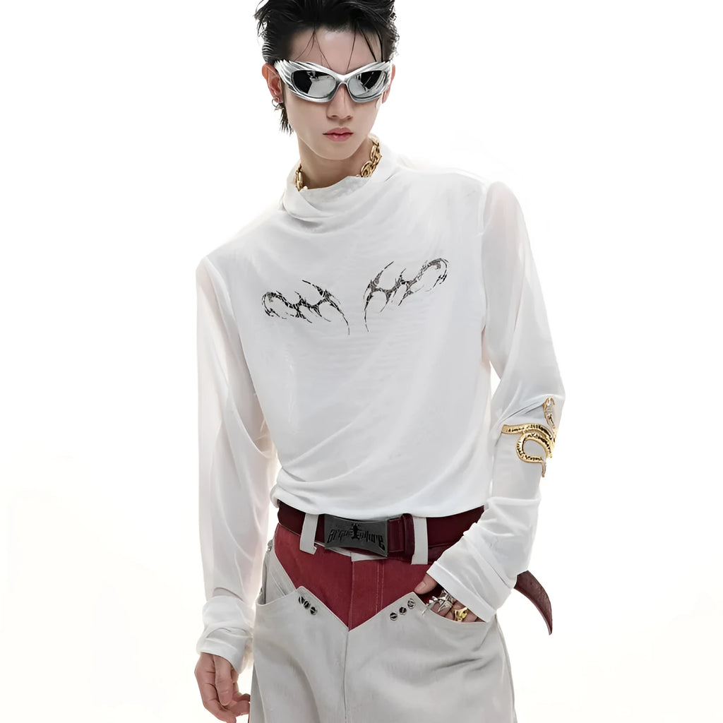 Slim fit black mesh bottoming shirt with long sleeves on a mannequin