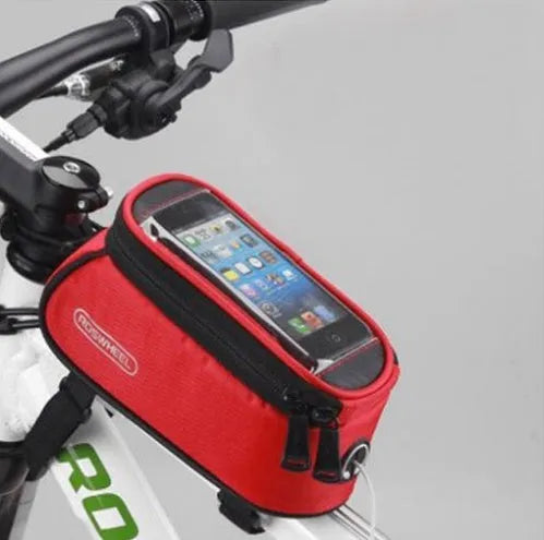 ROSWHEEL waterproof PVC bicycle frame bag for iPhone in black, blue, red colours showing three size options
