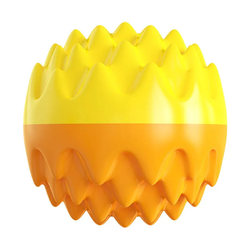 Blue and orange durable rubber dog ball with spiky texture for dental cleaning and floating squeaky toy